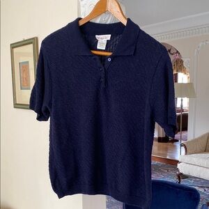 Talbots Navy Blue Polo Woven Design 50% Cotton 50% Rayon Short Sleeve Sweater L